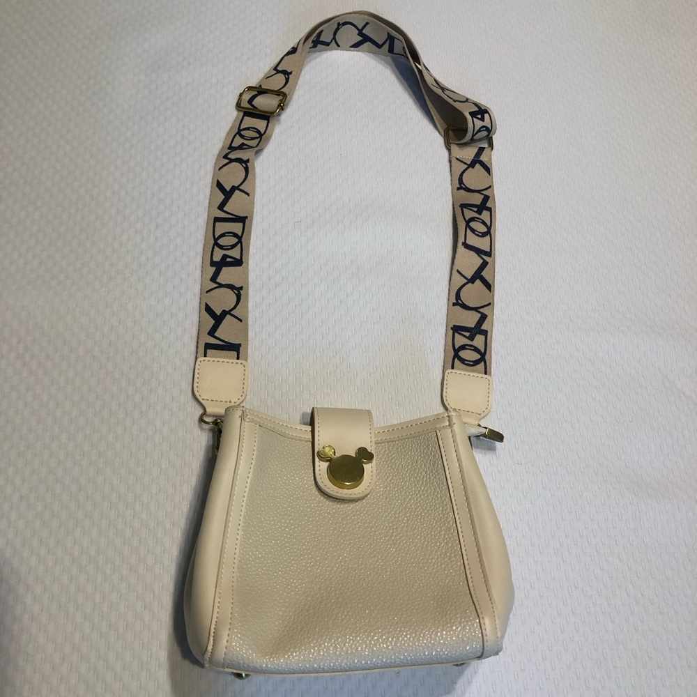 Cream Colored Crossbody Bag with Gold Toned Mickey Mouse Ears Magnetic Closure